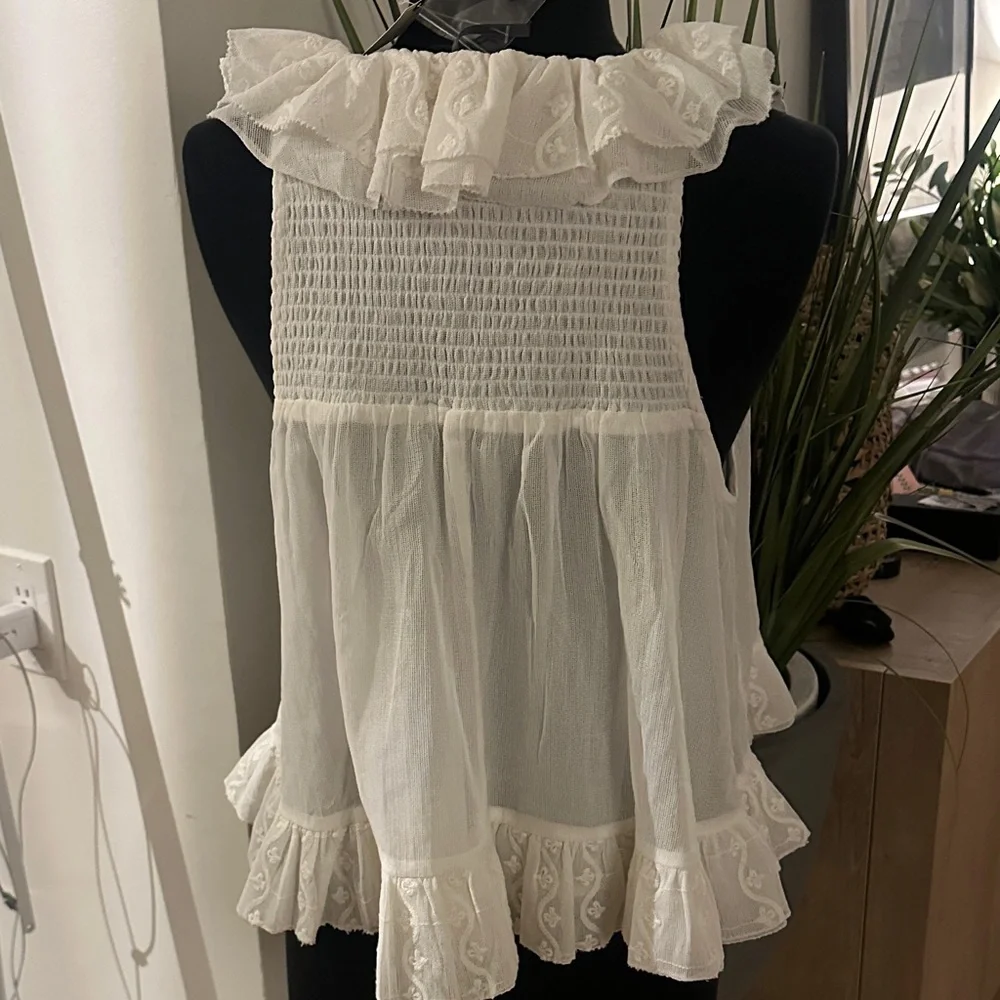 BNWT Anthropologie Sheer Ruffle Elegant Cream Ruffled Sleeveless Top - L - Picture 12 of 16